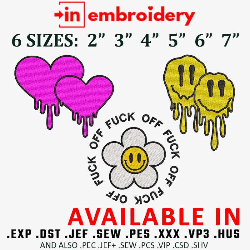 Melting Heart / Smile and FUCK OFF FLOWER SMILE Embroidery Designs Pack 6 Sizes