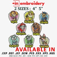 8 Paw Patrol Embroidery Designs 2 Sizes New Pack