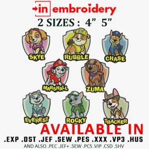 8 Paw Patrol Embroidery Designs 2 Sizes New Pack