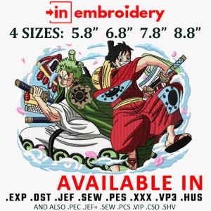 Zoro and Luffy Anime Embroidery Design 4 Sizes