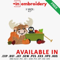 Autumn Moose with Pumpkin Wagon Embroidery Design – 1 Size