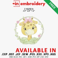 Baby Giraffe Flower Frame Embroidery Design 3 Sizes Free Download