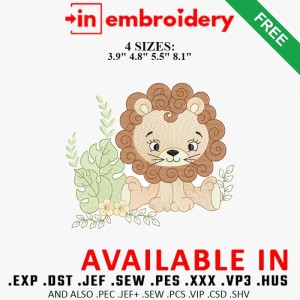 Baby Lion with Leaves Embroidery Design 4 Sizes Free Download Baby Lion with Leaves Embroidery Design 4 Sizes Free Download