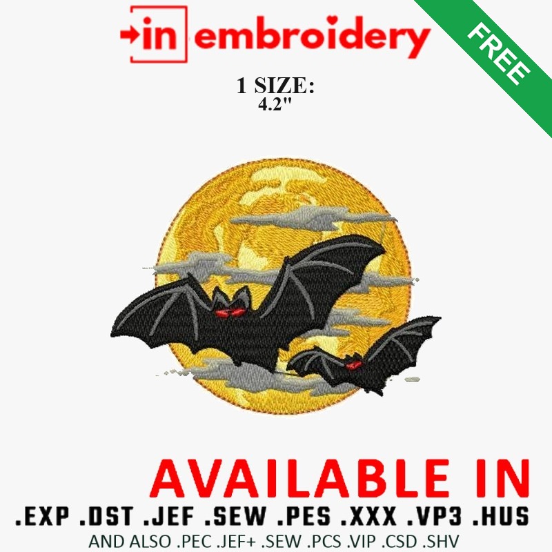 Bats and Full Moon Embroidery Design – 1 Size