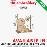 Bear on a Swing Embroidery Design 8 Sizes Free Download