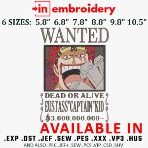 Bounty Captain Eustass Kid Embroidery Design 6 Sizes