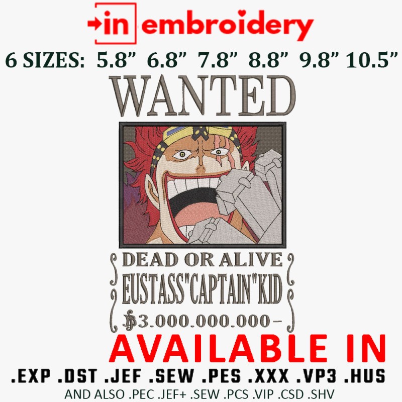 Bounty Captain Eustass Kid Embroidery Design 6 Sizes