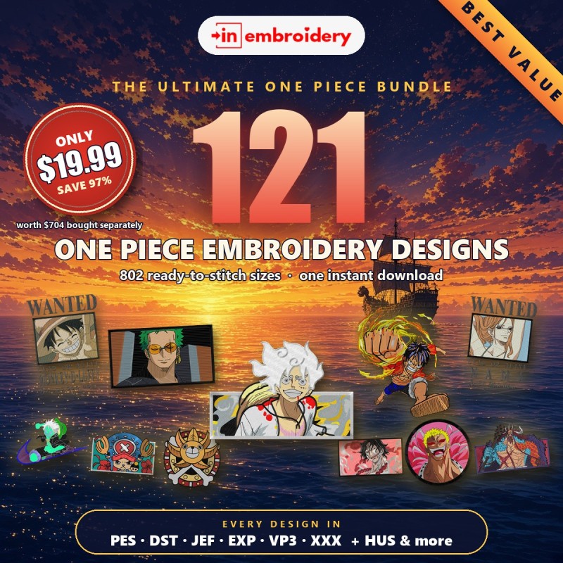 Ultimate One Piece Embroidery Designs Bundle – 121 Designs, All Formats