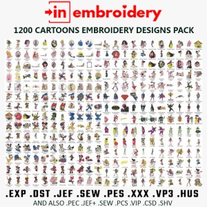 1200 Cartoons Embroidery Designs Pack