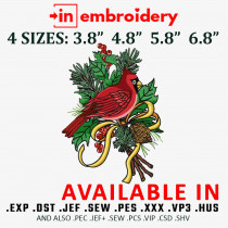 Red Cardinal Bird Christmas machine Embroidery Design 4 Sizes