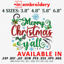 Merry Christmas Yall Machine Embroidery Design 4 Sizes