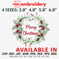 Wreath Merry Christmas Machine Embroidery Design 4 Sizes