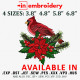 Bird Cardinal and Flower Christmas machine Embroidery Design 4 Sizes