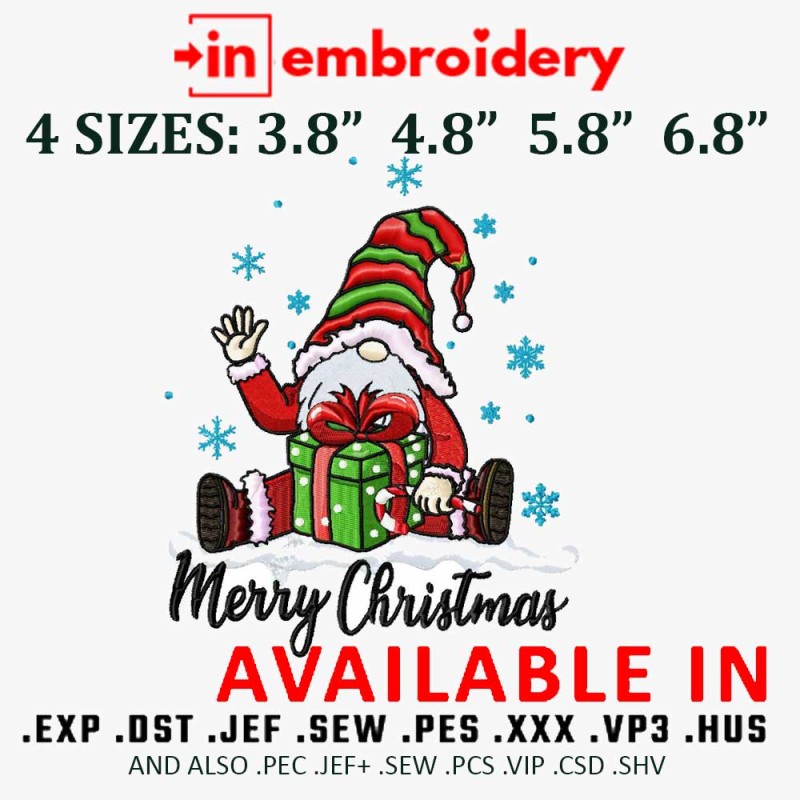 Merry Christmas Gnome Christmas machine Embroidery Design 4 Sizes