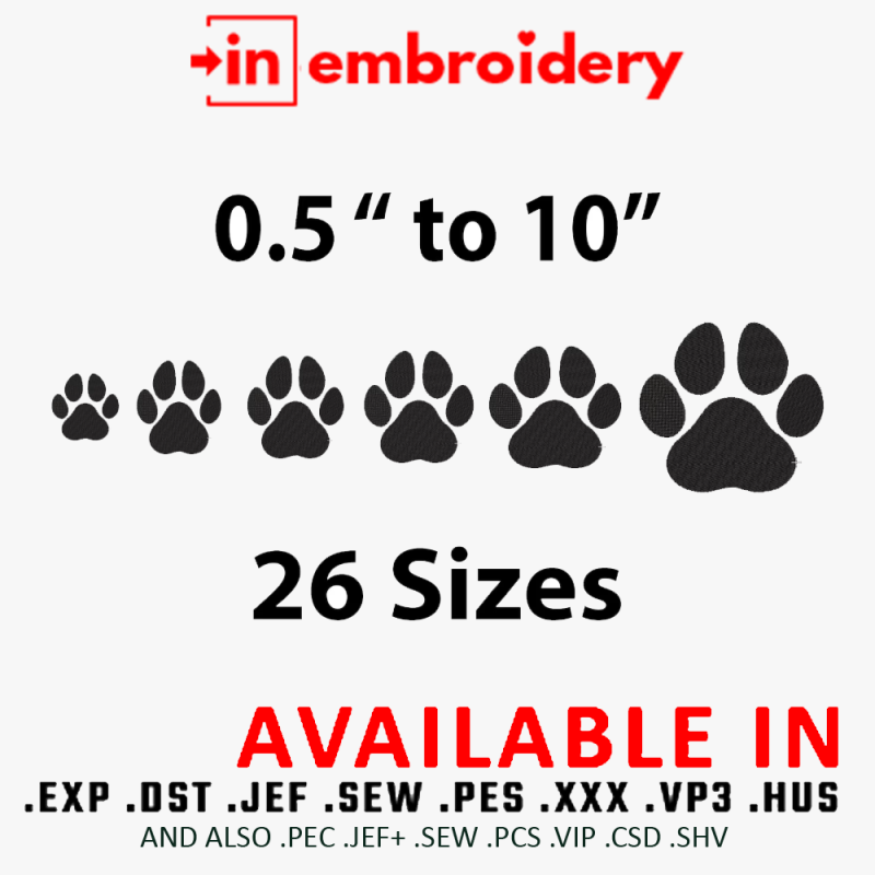 Solid Dog Paw Print Machine Embroidery Design 26 Sizes