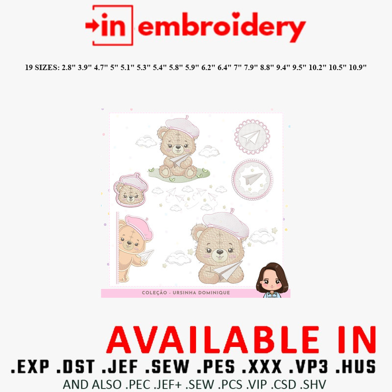 Dominique Teddy Bear Embroidery Designs 19 Sizes
