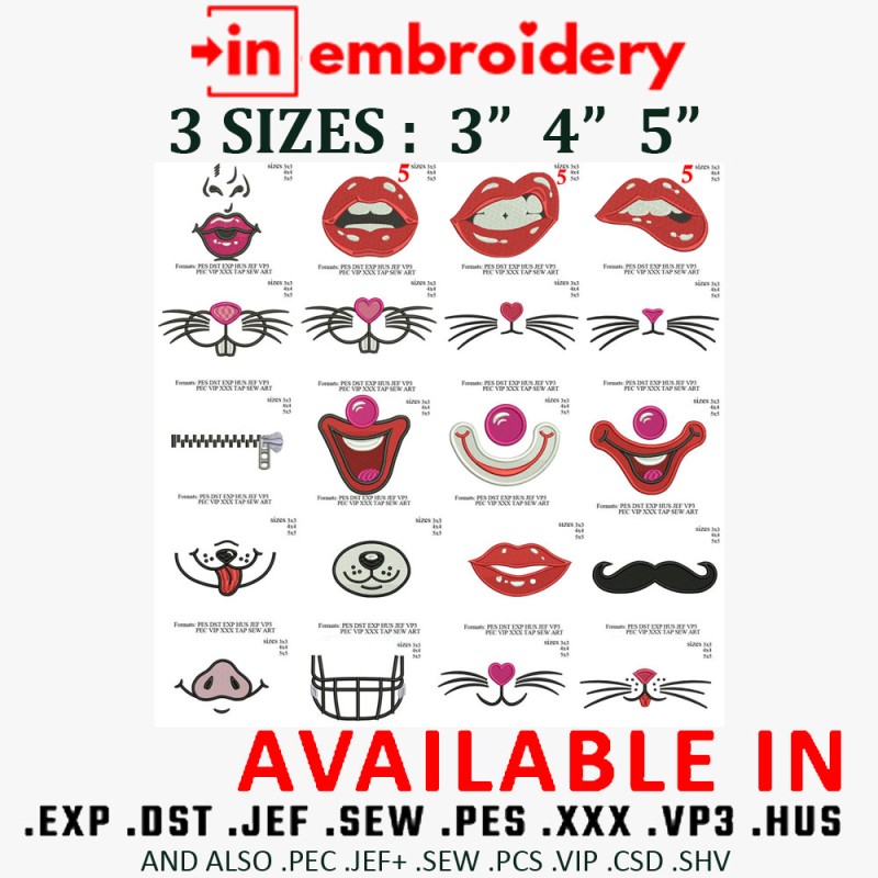 20 Face Mask Embroidery Designs 3 Sizes Pack