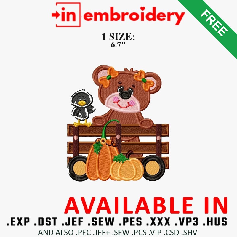 Fall Bear Girl with Pumpkin Wagon Embroidery Design – 1 Size