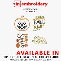 Fall Pumpkin Embroidery Designs Bundle – 4 Designs, 12 Sizes