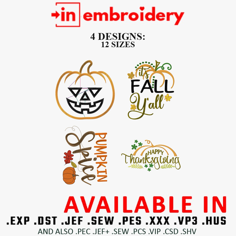 Fall Pumpkin Embroidery Designs Bundle – 4 Designs, 12 Sizes