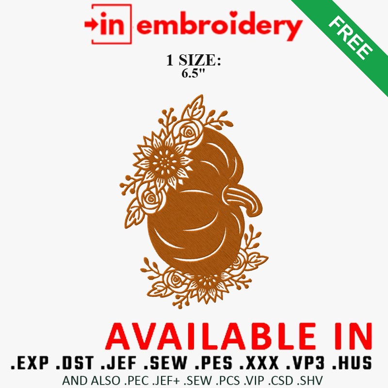 Floral Pumpkin Silhouette Embroidery Design – 1 Size
