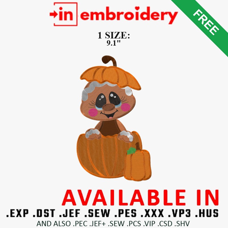 Gingerbread Girl in a Pumpkin Embroidery Design – 1 Size