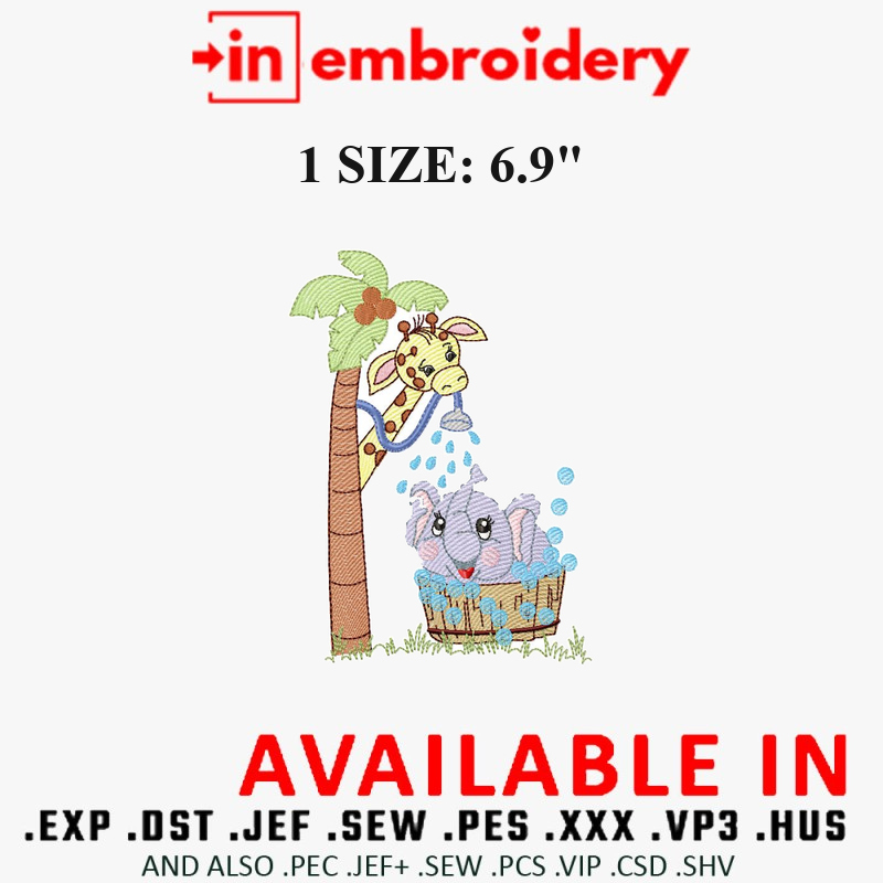 Giraffe and Elephant Bath Embroidery Design