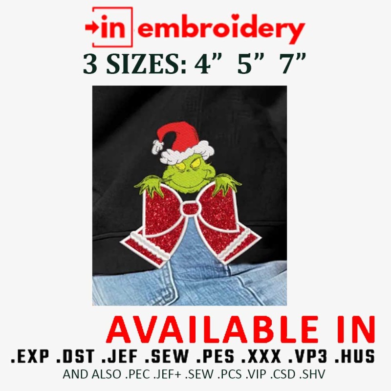 Christmas Green Monster Bow Appliqué Embroidery Design 3 sizes