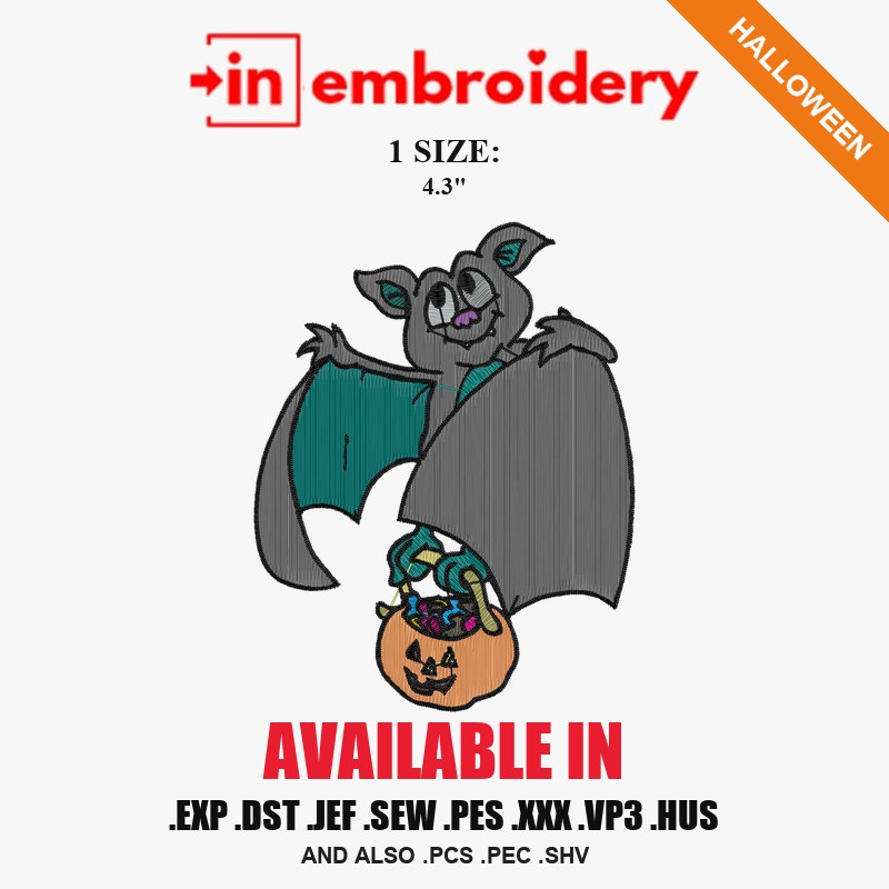 Bat with Pumpkin Halloween Embroidery Design – 1 Size