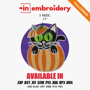 Black Cat in a Pumpkin Halloween Embroidery Design – 1 Size Black Cat in a Pumpkin Halloween Embroidery Design – 1 Size