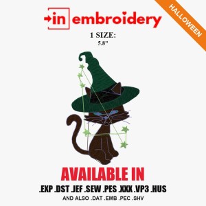 Black Cat in Witch Hat Halloween Embroidery Design – 1 Size Black Cat in Witch Hat Halloween Embroidery Design – 1 Size