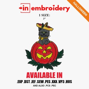 Black Cat on Jack O'Lantern Halloween Embroidery Design – 1 Size Black Cat on Jack O'Lantern Halloween Embroidery Design – 1 Size