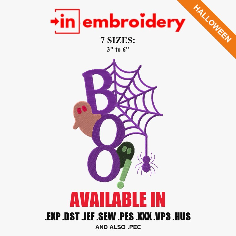 BOO with Spider Web Halloween Embroidery Design – 7 Sizes