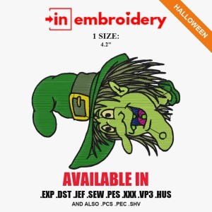 Green-Faced Witch Halloween Embroidery Design – 1 Size