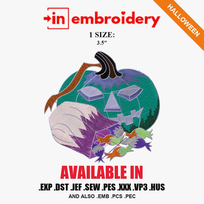 Pumpkin with Candy Bag Halloween Embroidery Design – 1 Size