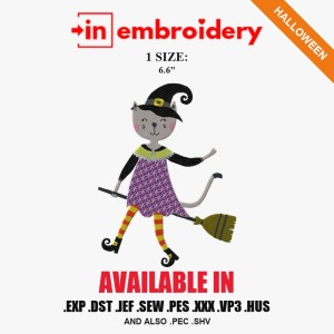 Witch Cat Girl Halloween Embroidery Design – 1 Size Witch Cat Girl Halloween Embroidery Design – 1 Size