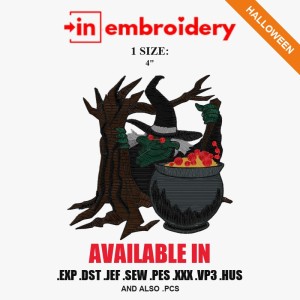 Witch Cauldron by the Tree Halloween Embroidery Design – 1 Size Witch Cauldron by the Tree Halloween Embroidery Design – 1 Size
