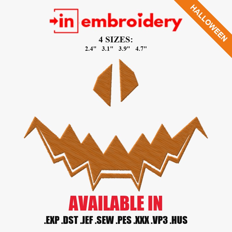 Zigzag Pumpkin Grin Mask Halloween Embroidery Design – 4 Sizes