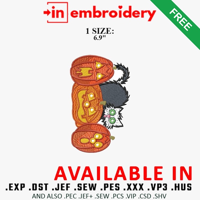 Jack O Lantern Pumpkins and Black Cat Embroidery Design – 1 Size