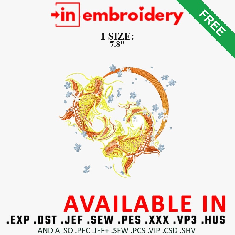 Koi Fish Pair with Blossoms Embroidery Design – 1 Size