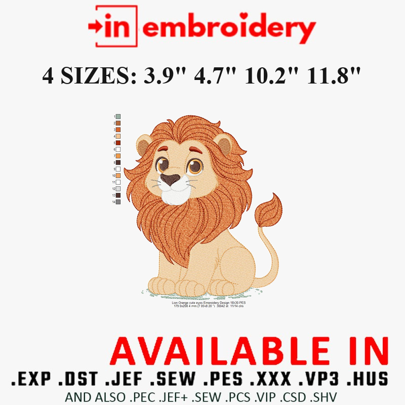 Lion Orange Cute Eyes Embroidery Design 4 Sizes