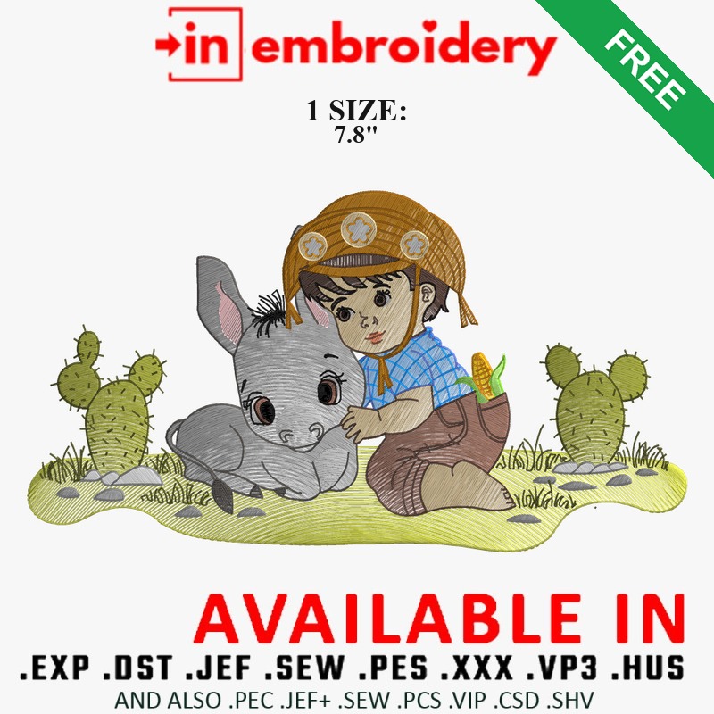 Little Cowboy and Baby Donkey Embroidery Design – 1 Size