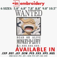Bounty Luffy Joyboy Embroidery Design 6 Sizes