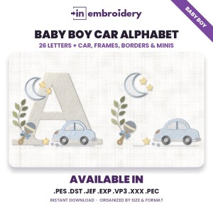 Baby Boy Car Alphabet & Nursery Embroidery Designs Set