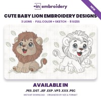 Cute Baby Lion Embroidery Designs – Full Color & Sketch