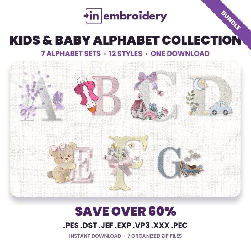 Kids & Baby Alphabet Embroidery Collection – 7 Alphabet Sets