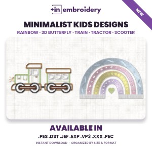 Minimalist Kids Embroidery Designs – Rainbow, Train, Tractor & More