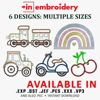 Minimalist Kids Embroidery Designs – Rainbow, Train, Tractor & More