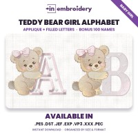 Teddy Bear Girl Alphabet Embroidery – Applique & Filled + 100 Names