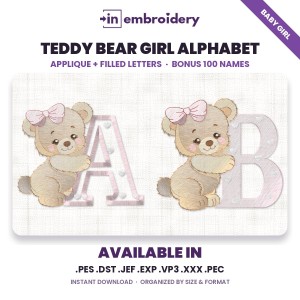 Teddy Bear Girl Alphabet Embroidery – Applique & Filled + 100 Names
